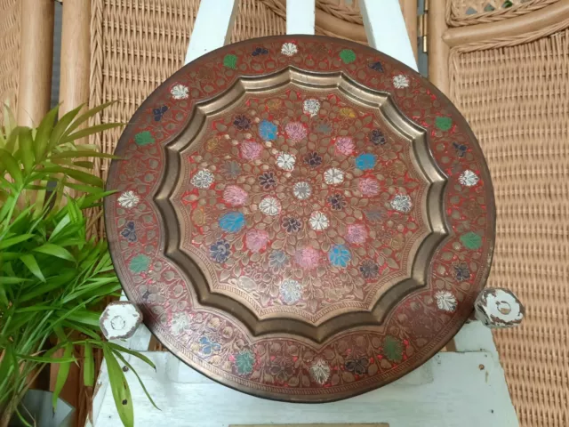 Old Brass Handcrafted Round Floral Lacquer Work Indian Hanging Decorative Plate