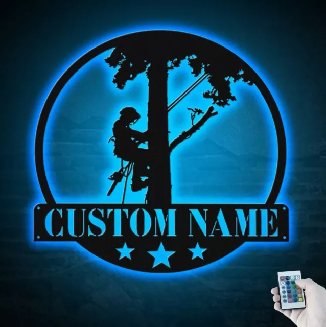 Personalized Arborists Metal Wall Art With Led Lights, Tree Climber Name Sign