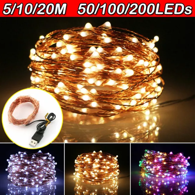 50/100/200 LED USB Lights Rice Copper Wire Fairy String Xmas Lights Party Decor