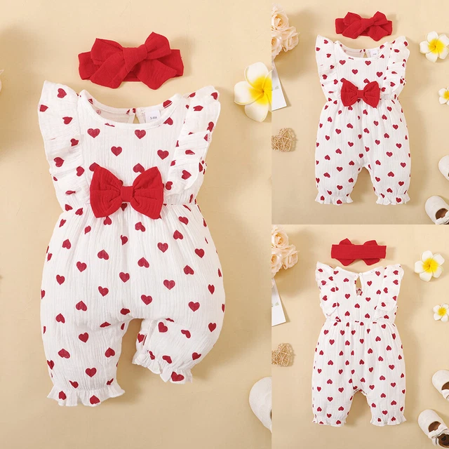 Newborn Baby Girls Heart Print Romper Jumpsuits Headband Outfits Set Clothes UK