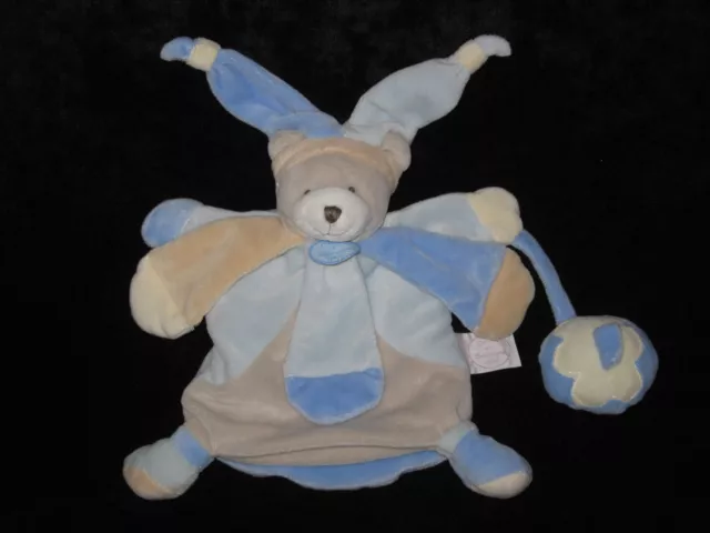 Doudou & Compagnie Marionnette Ours bleu poudré gris beige et écru à pétales
