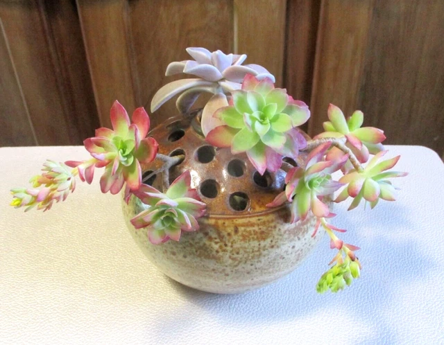 boule pique fleurs en grès vintage années 70 rétro céramique pot vase décoration