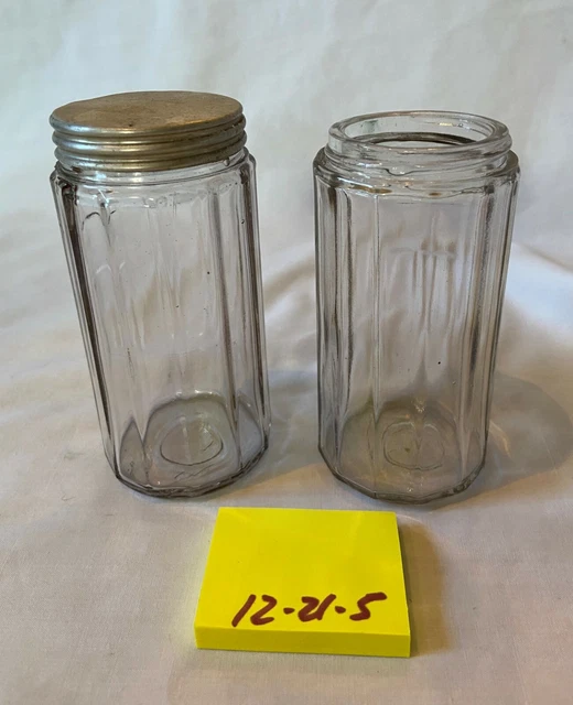 2 Vintage Glass Spice Jars 1 w Lid Hoosier Cabinet Wide Panel 4.5" Tall