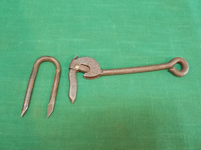 Vintage rustic gate barn shed door latch hook and staple hasp. Rusty decor farm