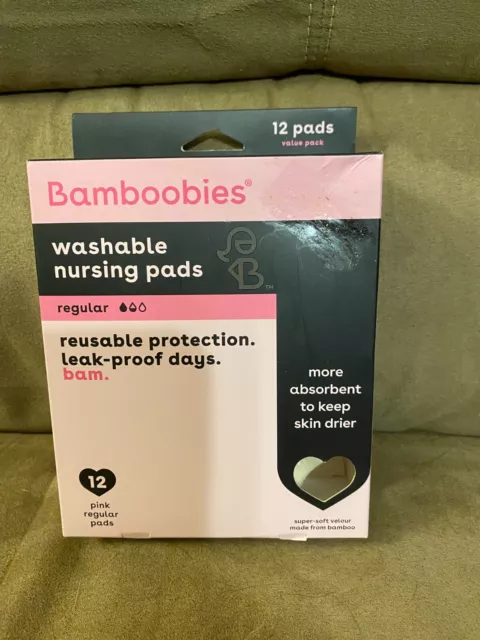 Bamboobies Washable Overnight Nursing Pads, 12 pack pink/white each side, New!