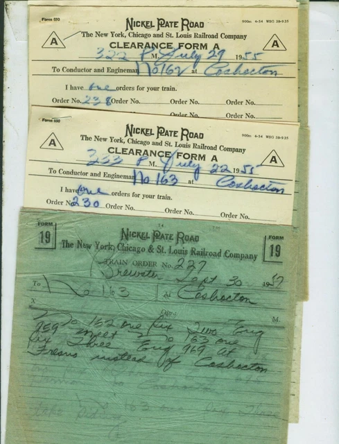 NICKEL PLATE ROAD (NYC&StL) TRAIN ORDERS (16) COSHOCTON, OHIO  1953 TO 1961.