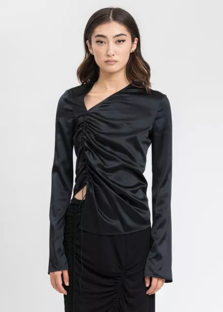 Helmut Lang Ruched Silk Blend Asymmetrical Top Long Sleeve Tie V Neck Black Soft