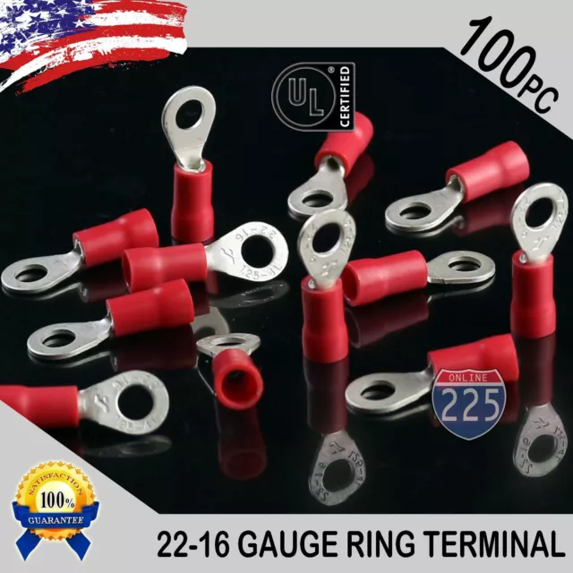 100 PACK 22-16 Gauge #8 Stud Insulated Vinyl Ring Terminals 100% Tin Copper Core