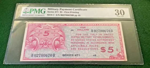 Military Payment Certificate 471 MPC $5 used from 3/10/1947 to 3/22/1948 PMG 30