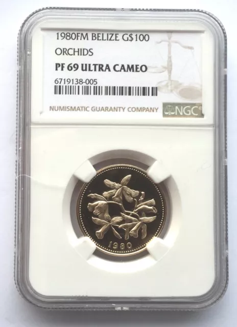 Belize 1980 Orchids 100 Dollars NGC PF69 Gold Coin,Proof