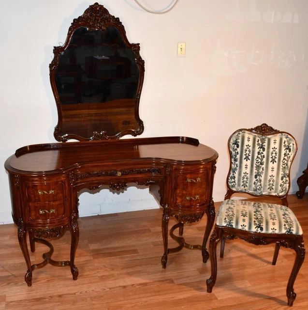 1920 Antique French Louis XV carved Walnut Vanity ladies Desk Mirror & Chair SET