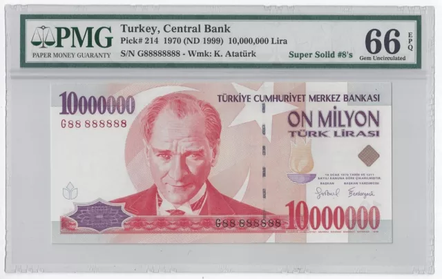 1999 TURKEY 10000000 LIRA  #G88 888888  PMG-66 GEM UNCIRCULATED  SUPER SOLID 8's