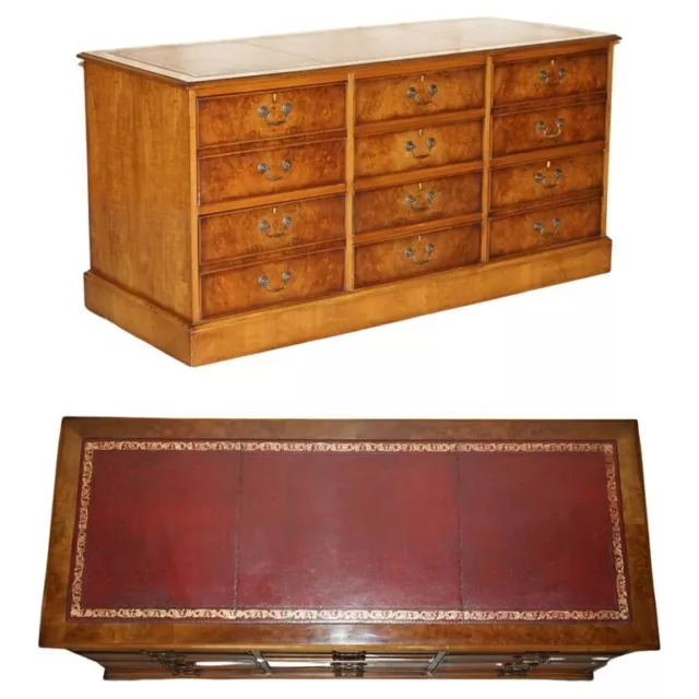 Burr Walnut Oxblood Leather Triple Filing Cabinet Chest Of Drawers Sideboard