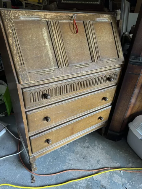 Antique Solid Oak Writing Bureau WITH KEY  For Upcycling