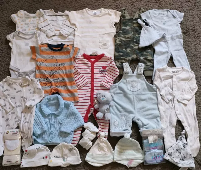 Baby Boy Newborn Clothes Bundle. Job lot Of Vests, Sleepsuits, Hats, Dungarees,