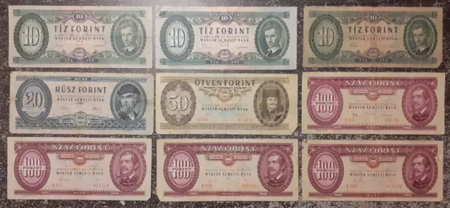 HUNGARY - Set of 9 Hungarian Forint Banknotes