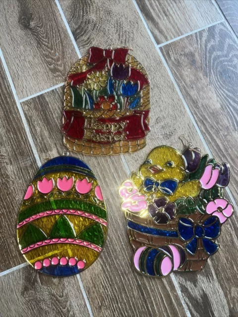3 Vintage Easter Chick Basket Egg Plastic Stained Glass Look Window Suncatchers