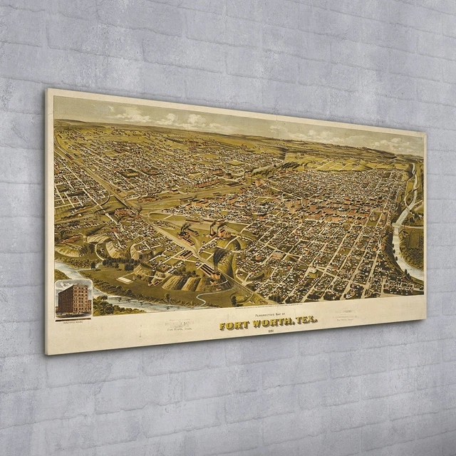 QUADRO DA PARETE stampa vetro arte anno Fort Worth mappa Texas vintage