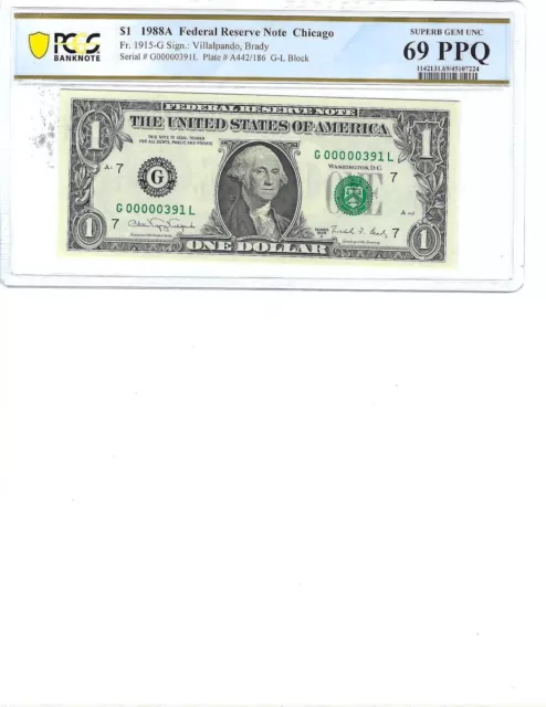 1988 $1 Federal Reserve Note FR1915G PCGS 69 Superb Gem PPQ, S/N 391!!!