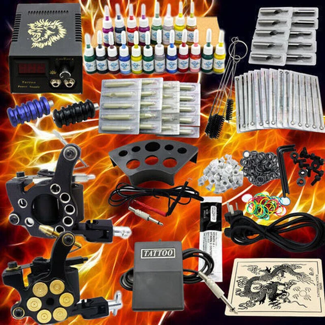 2 macchine per tatuaggi set completo + 20 colori inchiostri 50 aghi per principianti