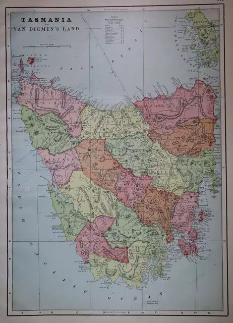 Old 1902 Cram Atlas Map ~ TASMANIA / VAN DIEMEN'S LAND ~ (LG13x18) #1385