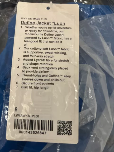 NWT LULULEMON DEFINE Jacket~SIZE:2,4,6，8,10,12~ Blue Borealis $148.00 -  PicClick