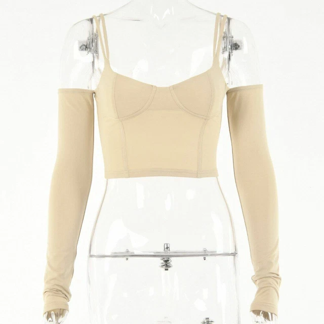 Spento Tracolla Top Corto Maniche Lunghe Patchwork Corsetto T Shirt Streetwear