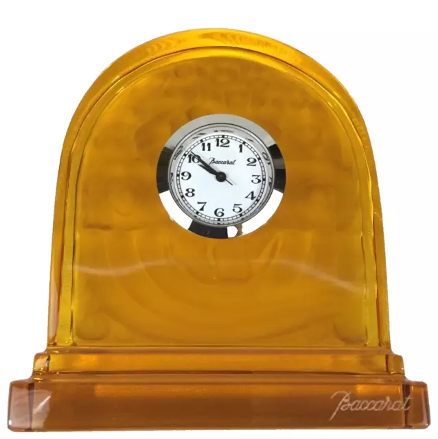 BACCARAT Solid Crystal 3" Desk CLOCK Amber Sculpted Basket of Abundance Genuine! 3