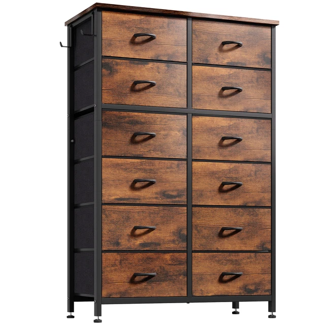 12 Drawer Dresser For Bedroom – Tall Fabric Dresser With Metal Frame, Wooden Top, Anti-Tip Design
