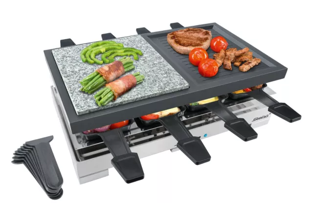 Premium Multi-Raclette, Druckguss-Platte + Steinplatte, 8 Pfännchen inkl. Ablage