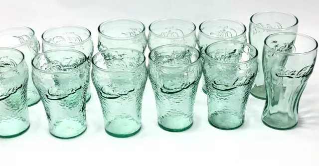 12 Enjoy Coca-Cola Green Glass Cups Mini Small 4" Tall 2 are different 4.5"