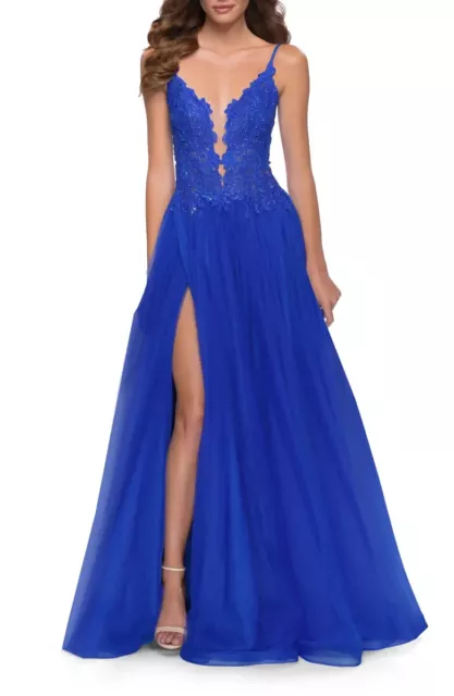 La Femme Royal Blue Floral Embroidered Illusion Plunge Tulle Ballgown Sz 10 $488