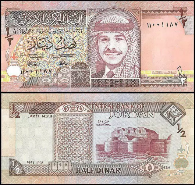 Jordan Kingdom 1/2 Dinar 1992 Unc King Hussein Bin Talal Wearing Kuffiyeh At Cen