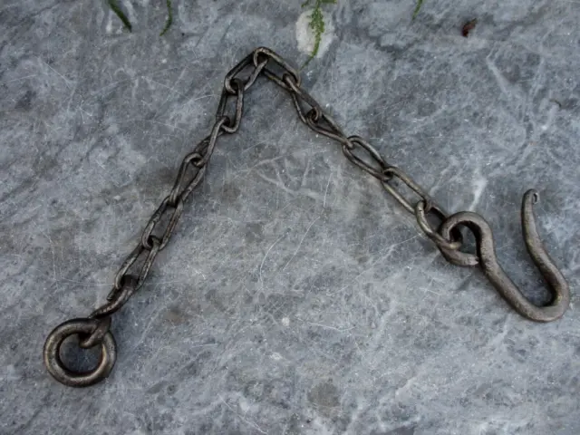 Antique Wrought Iron Hook Chain Hanging Old Tool Kitchen Rustic Barn Farm 23"