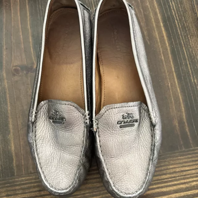 Coach Shoes Womens 8 Silver Pewter Leather Logo Loafer Flats