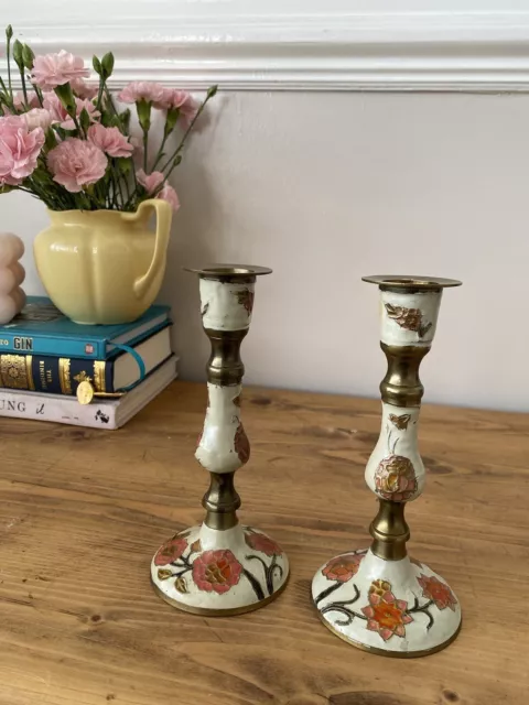 Enamelled Brass Candlestick Holders Set Of 2 Vintage Floral Hand Painted Indian