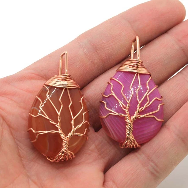 Natural Crystal Quartz Gem Wire Wrapped Tree Of Life Drop Stone Pendant Necklace 3