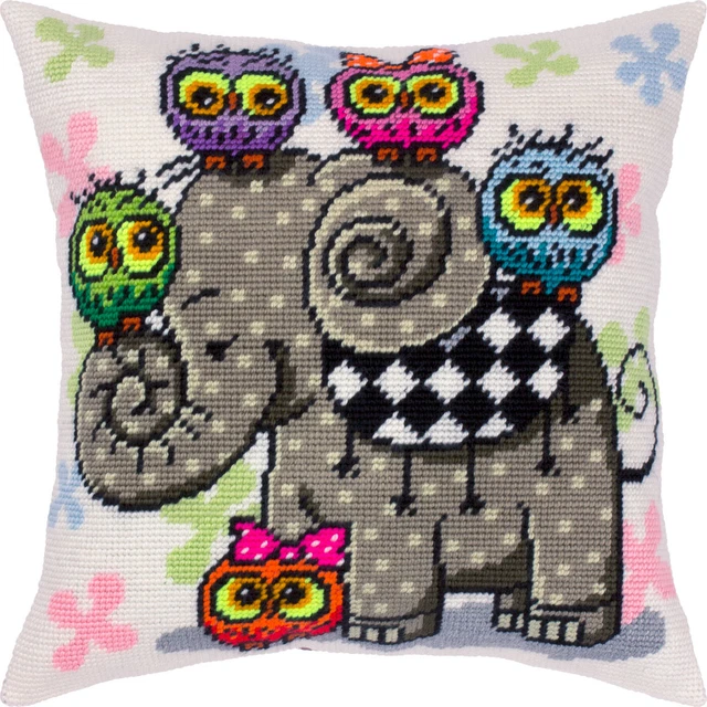 Kit de almohada con aguja hágalo usted mismo ""Elefante y búhos"" 16""x16"" / 40x40 cm