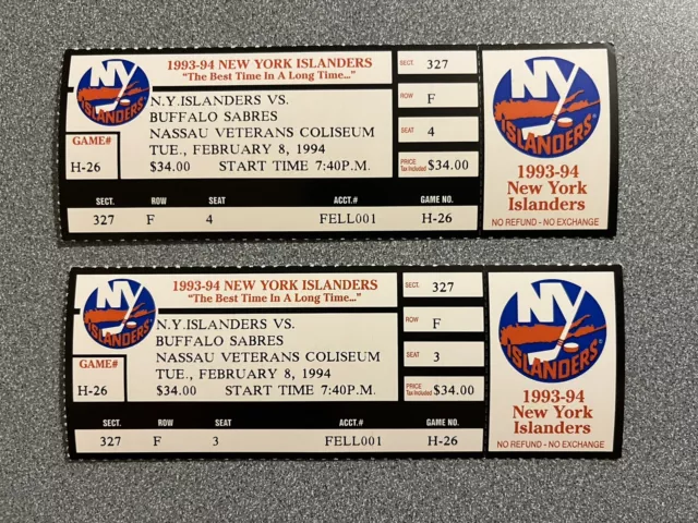 Vintage 1994 New York Islanders Ticket Stubs Vs Buffalo Sabres, Feb 8, 1994