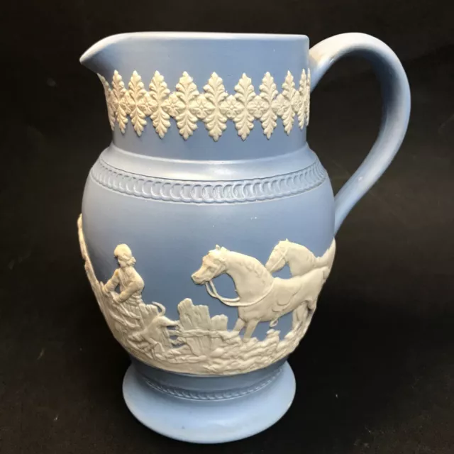Jasper Ware Dudson Hanley Creamer Jug Sprigging Fox Hunting Hounds Horses 16cm