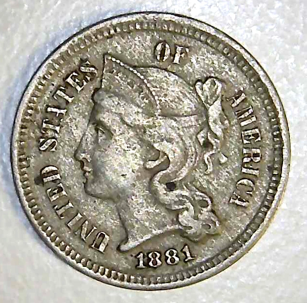 1881 US Nickel Three Cent 3c - Better Coin - Free Shipping         (PA75)
