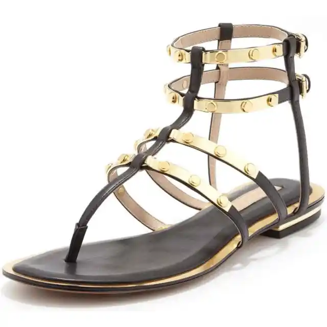 Michael Kors Hollie Studded Ankle Strappy Caged Thong Sandal SZ 6.5 Gold $350