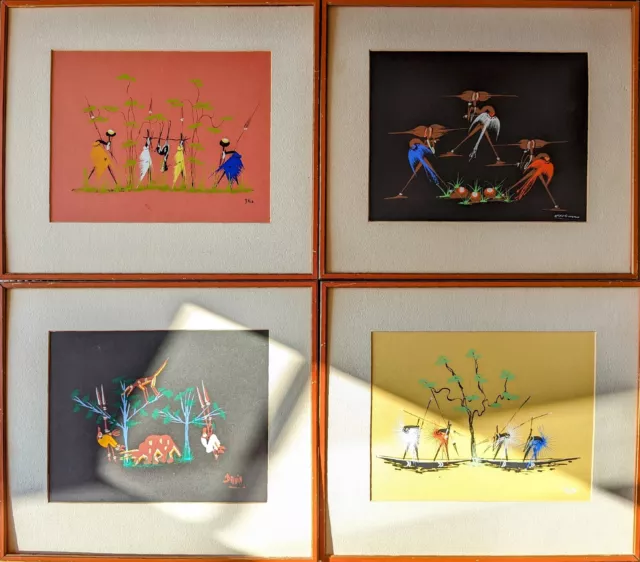 set of 4 African Folk Art Vintage 50/70s Belgian Congo Paintings Gouache Signed