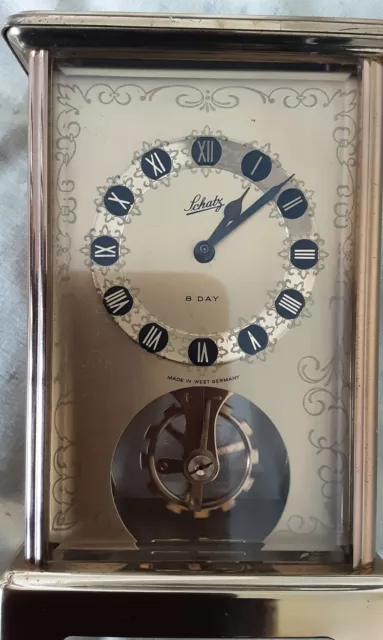 Vintage 8-Day Schatz Carriage Clock, Visible Escapement, In Good Working Order.