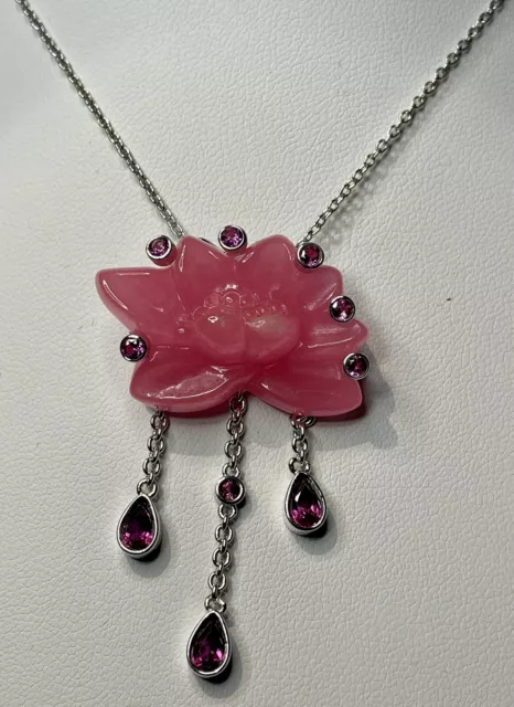 22.9ctw Carved Pink Jade Lotus Rhodolite Sterling Silver 20" Pendant Necklace