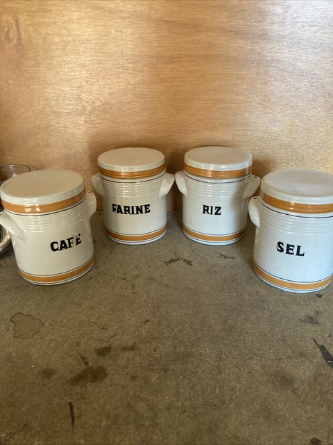 Lot De 3 Pots Anciens En Opaline - Thé, Sucre, Café - Avec Couvercles Liège - Occasion