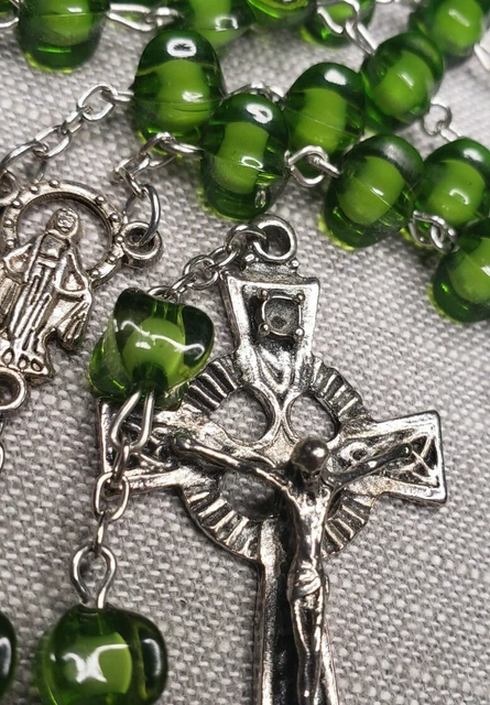 Vintage Rosary green glass beads Celtic Crucifix G56