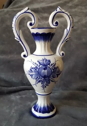 Elegante blau & weiß Porzellan Vase zweigriffig, handbemalt Blumenmuster 11,25 Zoll hoch