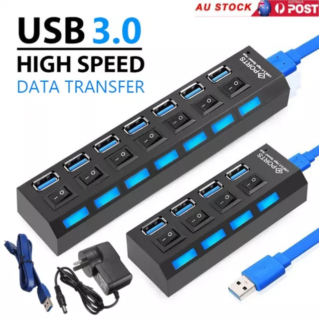 4/7 Ports USB 3.0 HUB Powered +High Speed Splitter Extender PC AC Cable Adapter