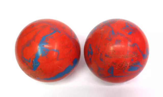 One Pair Brunswick Duckpin Bowling Balls Orange & Blue Swirl 5" Diameter
